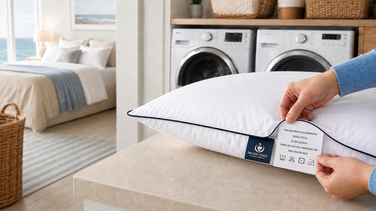 American homeowner checks the Pacific Coast care label on a Royal Goose Down Fiber Pillow