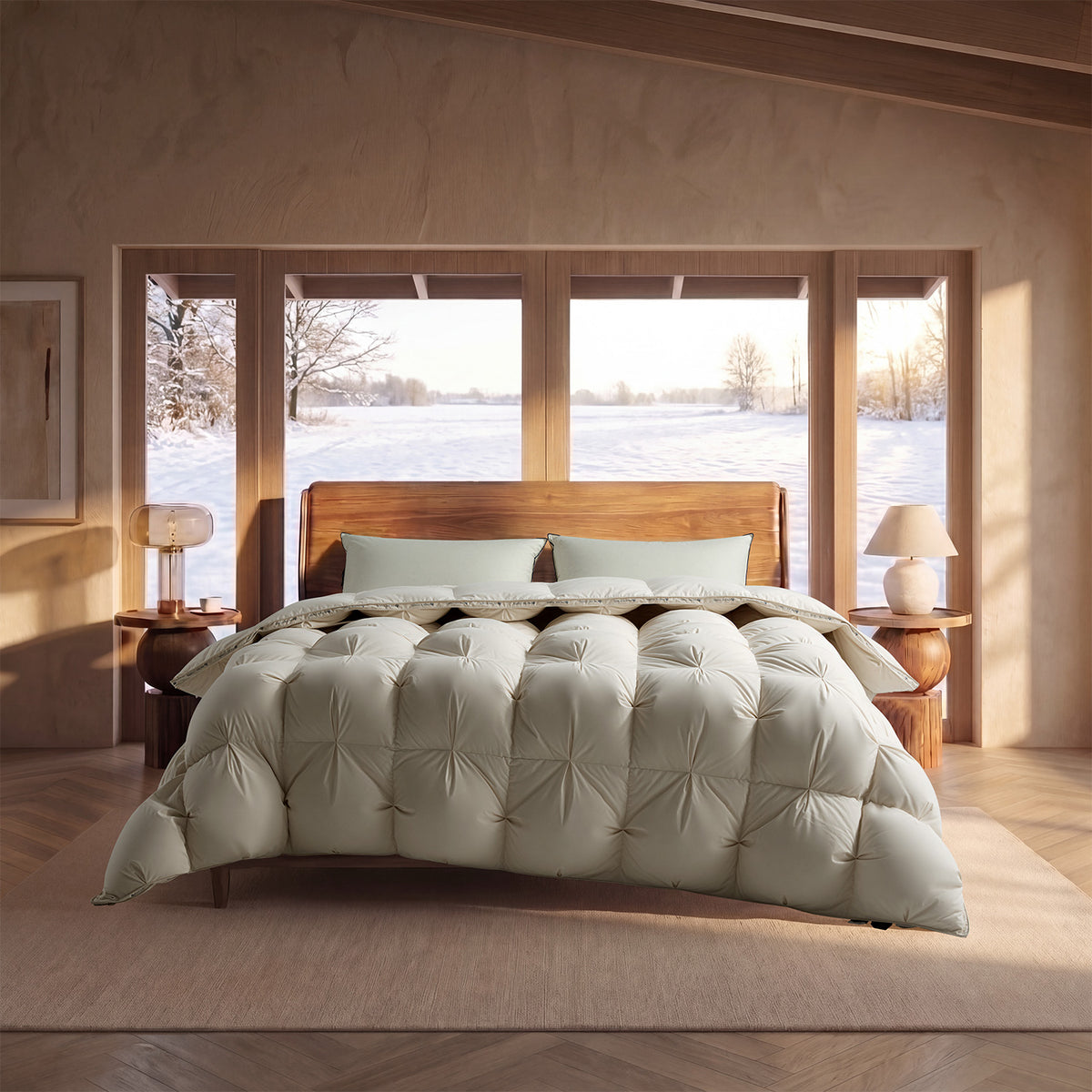 Beige Heavyweight Pinch Pleat Goose Feather and Down Comforter