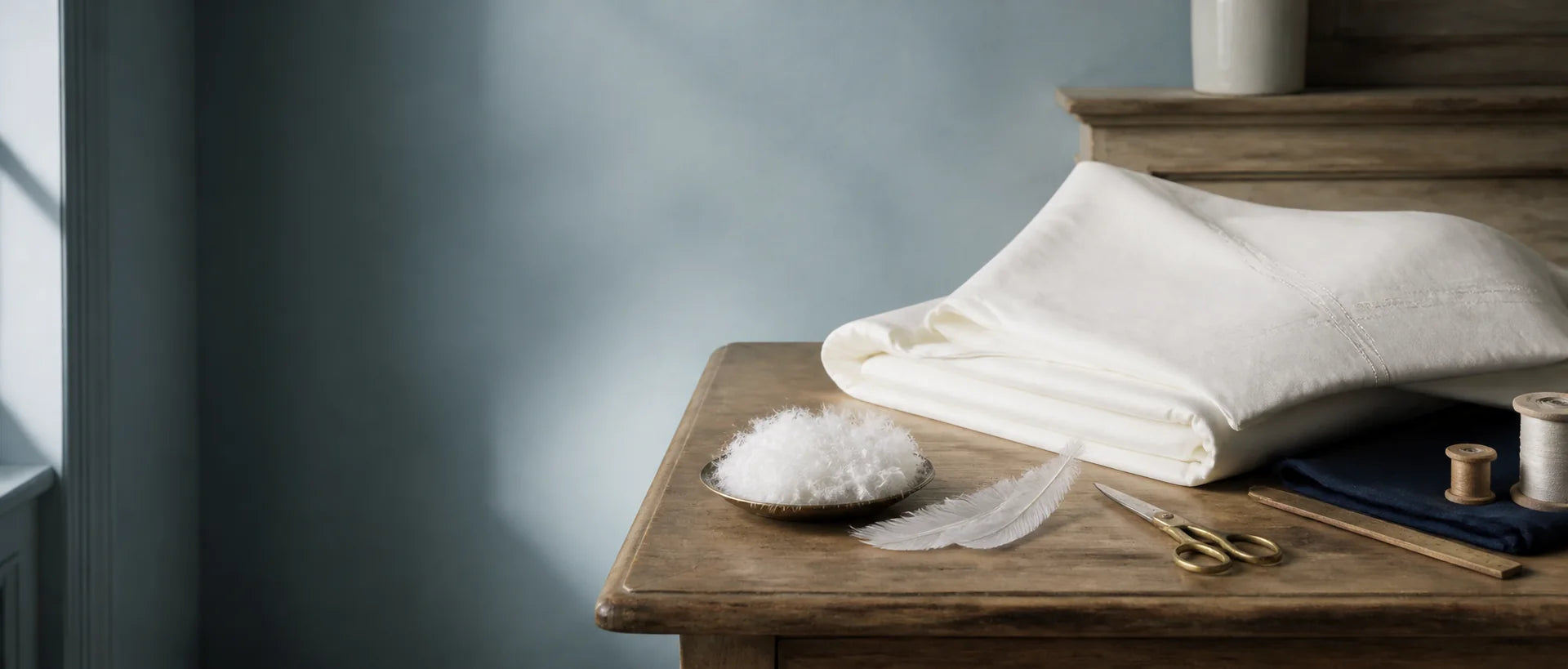White bedding materials and traditional tools arranged on a wooden worktable