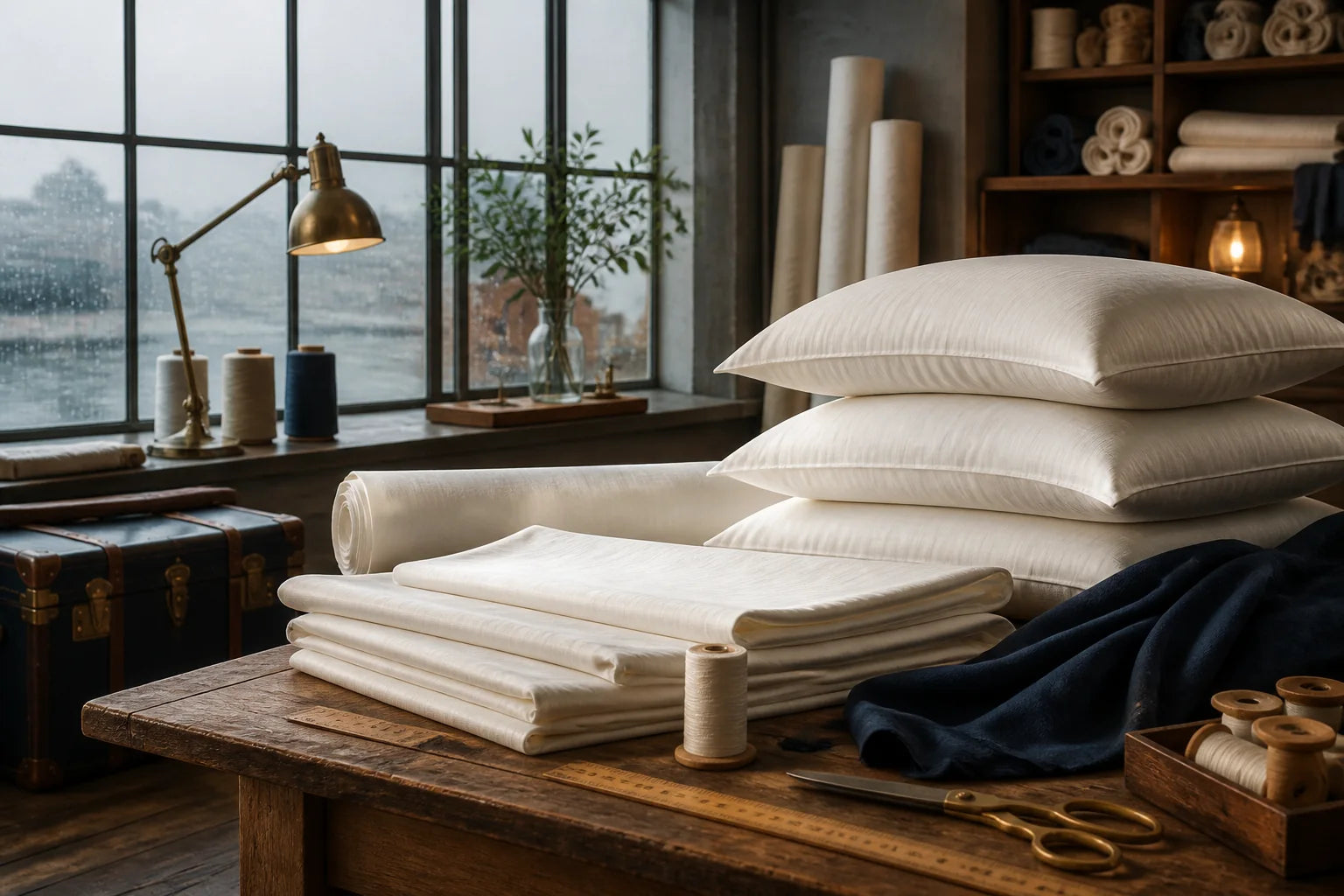 Historically inspired bedding workspace with cotton fabrics and finished pillows