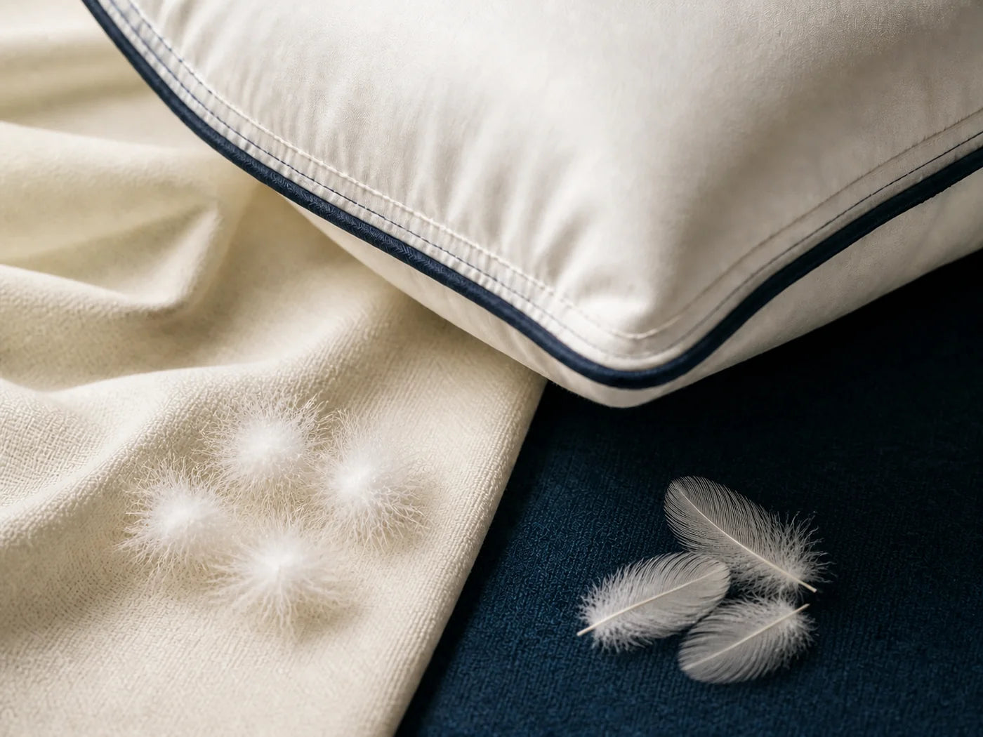 Close view of white cotton fabric, navy piping, down clusters and fine feathers