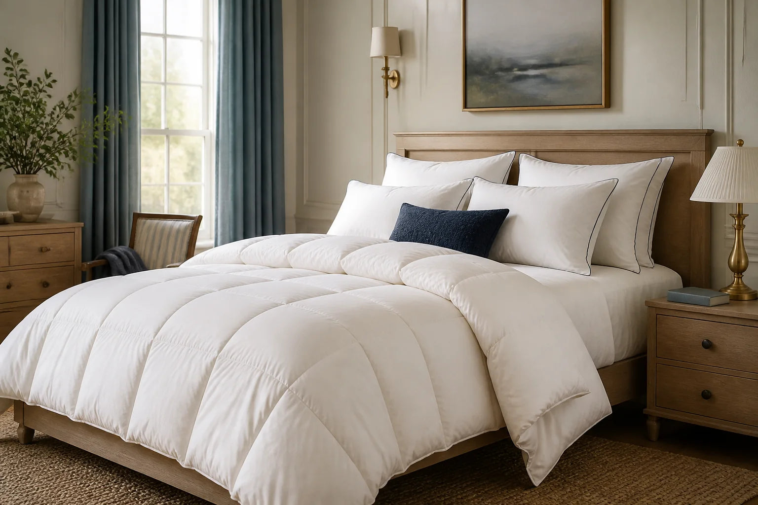 Inviting modern bedroom with white comforter, layered pillows and navy accents