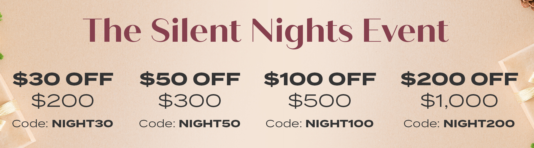 $30 off $200+ w/ code: NIGHT30 , $50 off $300+ w/ code: NIGHT50, $100 off $500+ w/ code: NIGHT100, $200 off $1,000+ w/ code: NIGHT200 